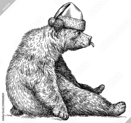 Vintage engrave isolated black bear set dressed christmas illustration ink santa costume sketch. American grizzly background asian animal silhouette new year hat vector art
