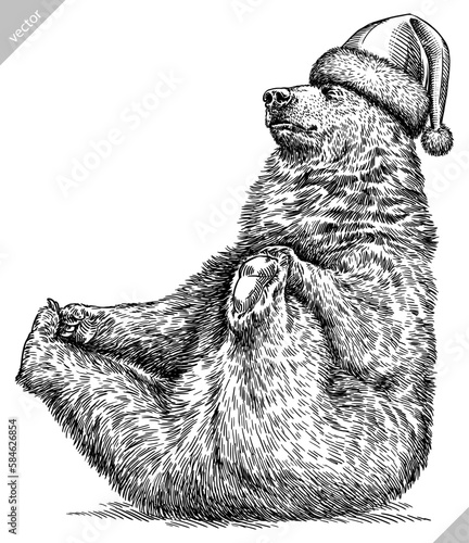 Vintage engrave isolated black bear set dressed christmas illustration ink santa costume sketch. American grizzly background asian animal silhouette new year hat vector art