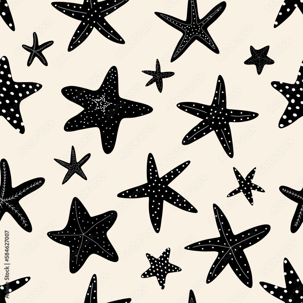 Starfish seamless pattern. Black silhouette. Atlantic star. Marine Animal Vector print. Starfish seamless pattern. Black silhouette. Atlantic star. Marine Animal Vector print.