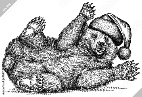 Vintage engrave isolated black bear set dressed christmas illustration ink santa costume sketch. American grizzly background asian animal silhouette new year hat vector art