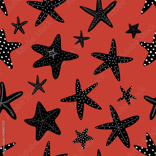 Starfish seamless pattern. Black silhouette. Atlantic star. Marine Animal Vector print.