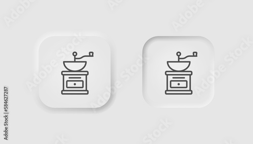 Hand coffee grinder icon in neumorphism style. Icons for business, white UI, UX. Breakfast symbol. Vintage, old, coffee beans, kitchen, coffee shop. Neumorphic style. Vector illustration.