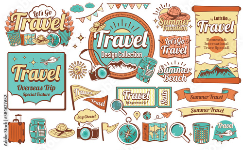 アメリカンビンテージ風クールでおしゃれな夏旅行・トラベルのタイトルデザインフレームとイラストのセット_南国リゾート風