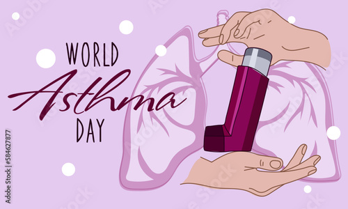 The concept of informing about the World Asthma Day with the help of an aerosol inhaler. An aerosol for quick help to the lungs. Day of Solidarity with Diseases. Vector illustration. Printing a banner