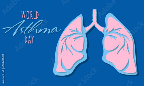 World Asthma Day. Banner with lungs on a blue background with the inscription. The concept of the holiday. Template for background, banner, postcard, poster with text inscription. Vector illustration.