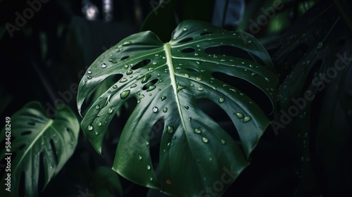 Closeup of Monstera tropical plant leaves with rain drops. Green natural backdrop. Generative AI
