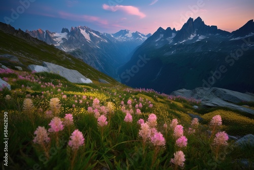 Landscape of mountains on background with pink flowers in foreground - AI Generated © Tiago
