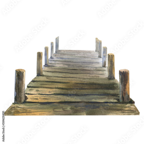 Watercolor illustration, old wooden pier. Hand drawn watercolor graphic sketch isolated on white background.