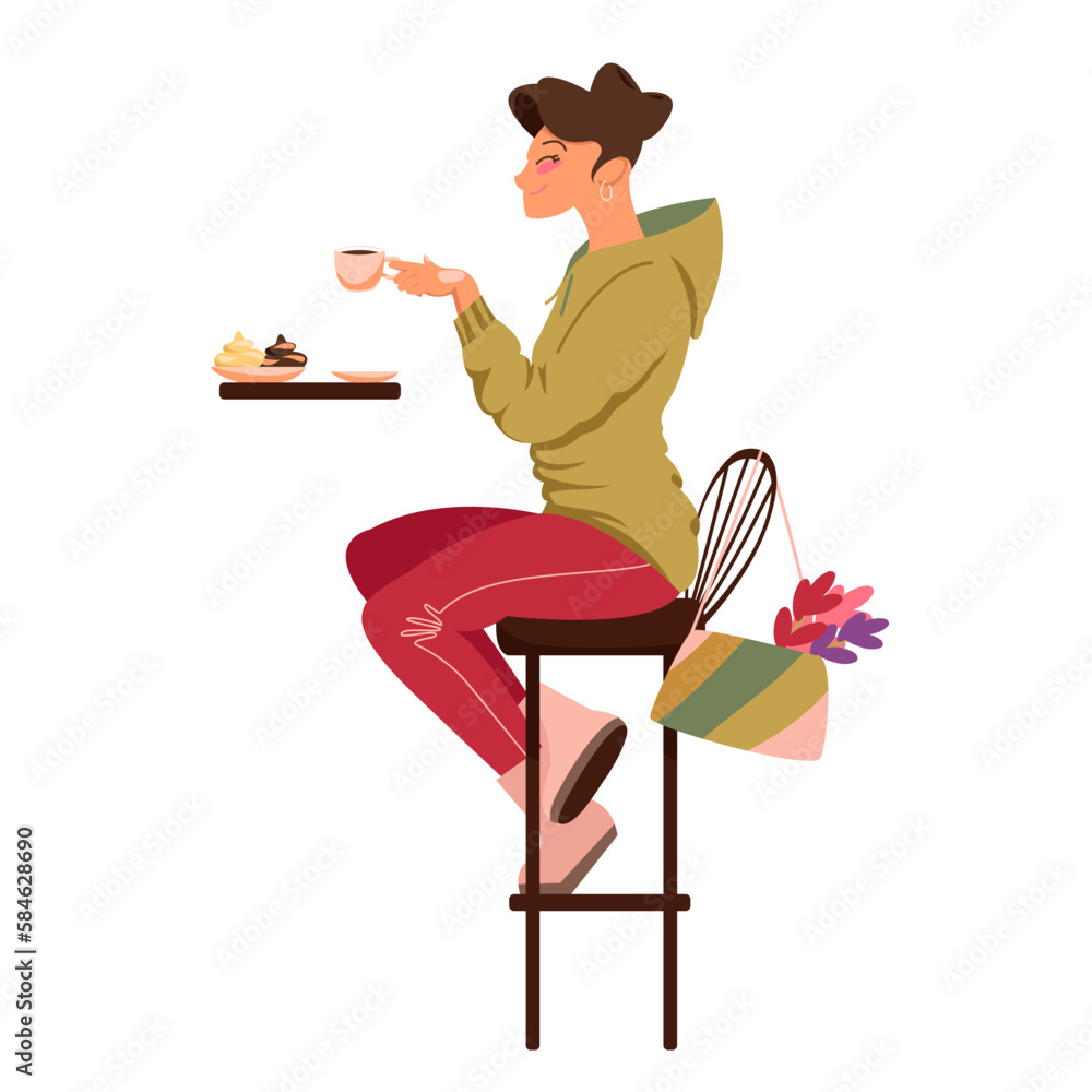 Fototapeta premium a girl drinks coffee sitting in a cafe. a beautiful woman with a cup of hot drink. vector image of a girl