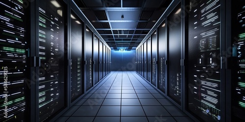 Modernes Rechenzentrum mit Server Anlage zum speichern und verarbeiten von gigantischen Datenmengen. AI generativ