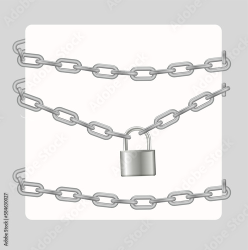 Padlock and chain. Gray metal chain and padlock, handcuffed card, vector
