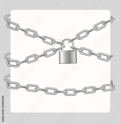 Padlock and chain. Gray metal chain and padlock, handcuffed card, vector