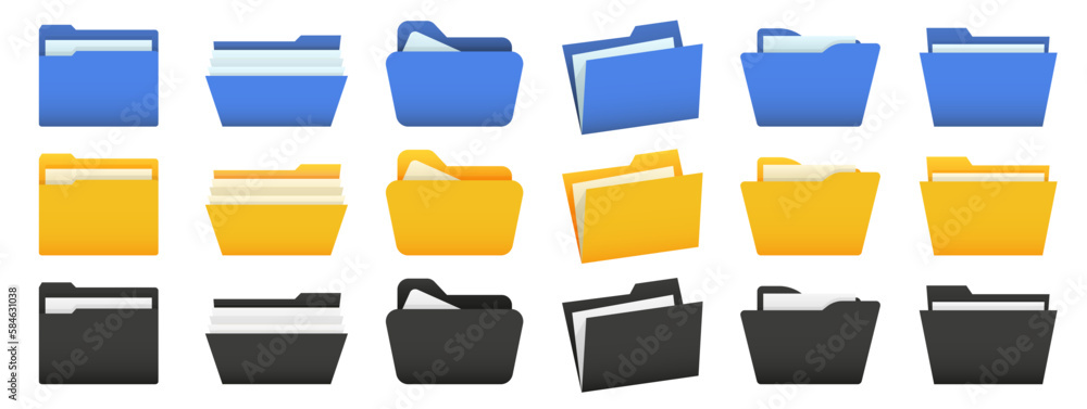 Set of blue, yellow, black file folder. Office folder collection Set of blue, yellow, black file folder. Office folder collection