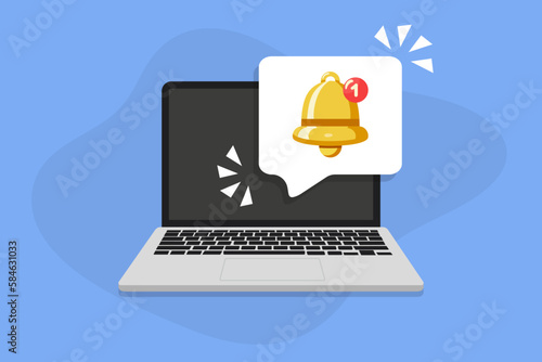 Laptop with new bell notification in a flat design
