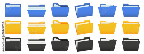 Set of blue, yellow, black file folder. Office folder collection