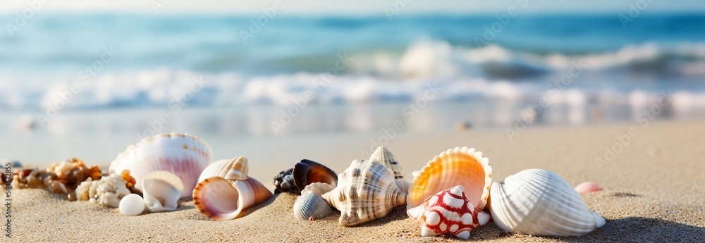 Seashells on the Shoreline: A Peaceful Beachscape - Generative ai