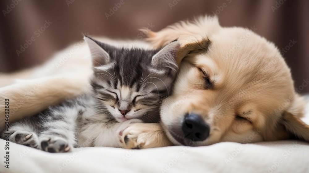Adorable Puppy and Kitten Sleeping Together - Generative ai Adorable Puppy and Kitten Sleeping Together - Generative ai