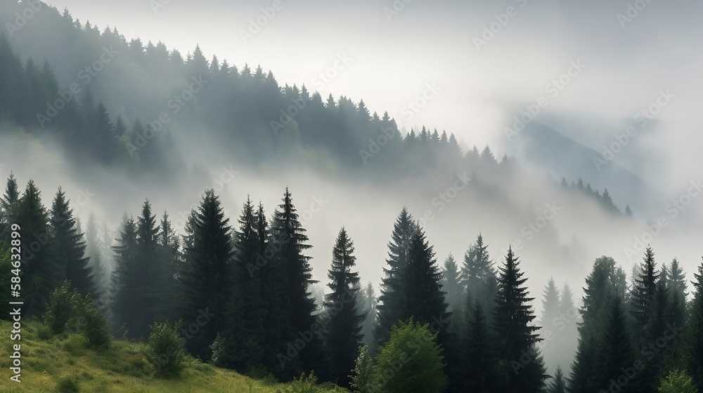 misty morning in the mountains. generative ai
