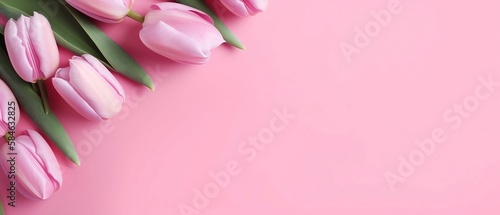 Top view of pink tulip flowers in flat lay style - Generative ai © Nld