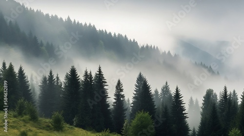 misty morning in the mountains. generative ai