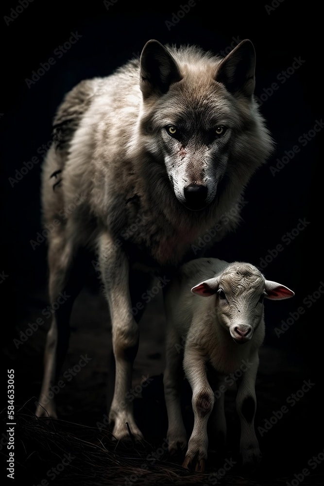 Fototapeta premium Wolf Standing Behind a Lamb in a Dark Background - Generative ai
