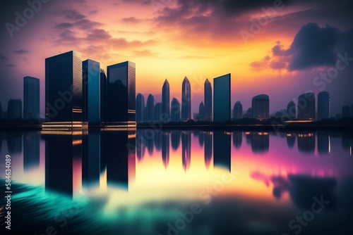 Panorama of a modern city at sunset with reflection in the water