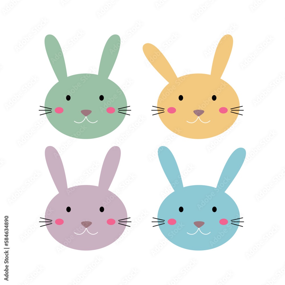 Cute Spring Easter Bunnies Set isolated on White Cute Spring Easter Bunnies Set isolated on White