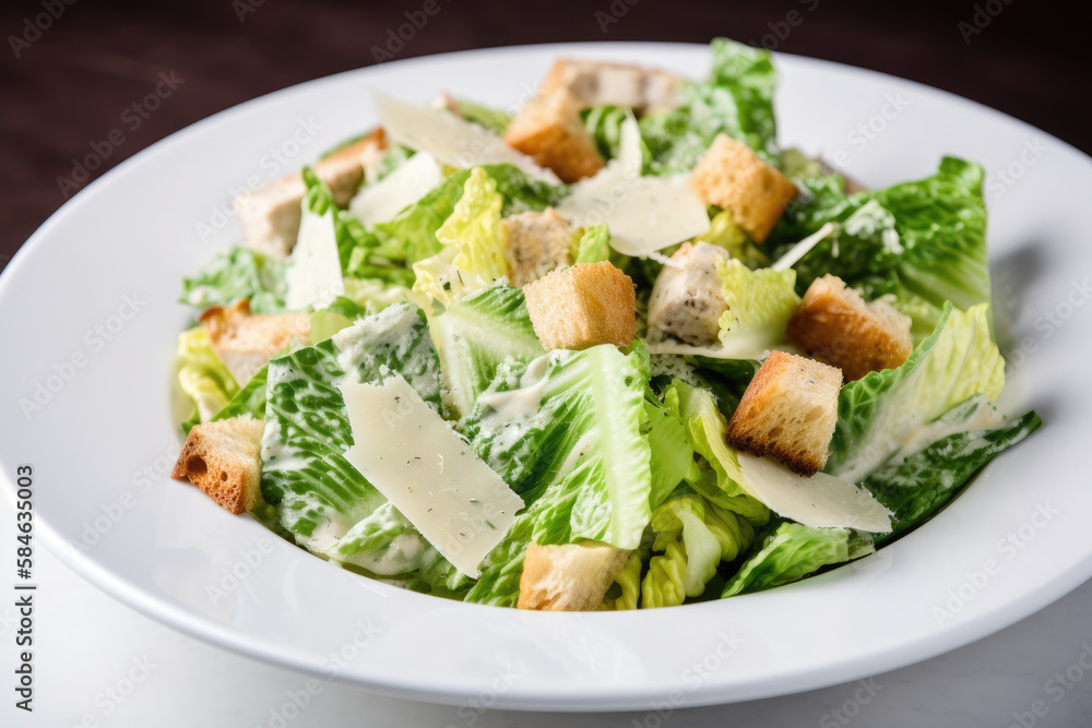 Caesar salad on a white plate. Generative AI. Caesar salad on a white plate. Generative AI.