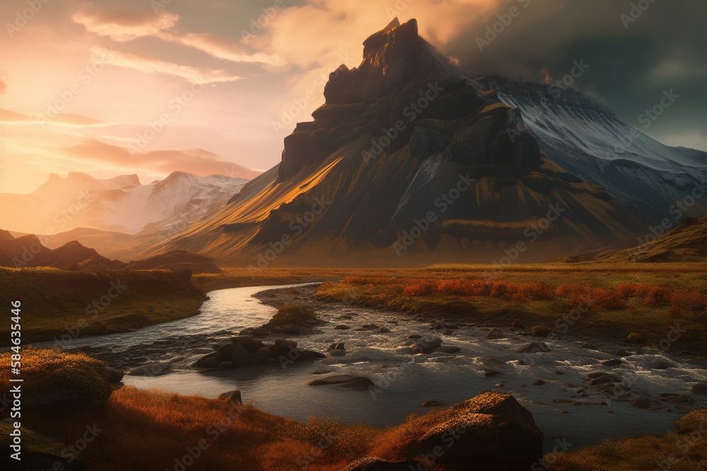 Fototapeta premium sunrise over the mountains, a river flowing through mountains - AI Generated