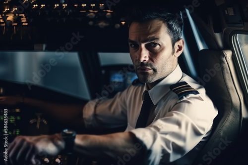 captain pilot inside cockpit of flying passenger plane. Generative AI © alexkoral