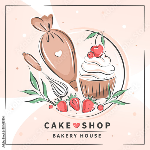 Cake shop logo. Set of tools for making cakes, cookies and pastries. Vector illustration for menu, recipe book, baking shop, cafe.
