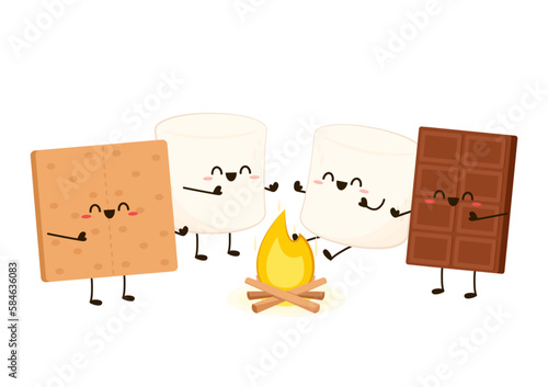 Sweet sandwiches from chocolate and marshmallow. Scheme of smore sweet children dessert preparing, cartoon vector illustration isolated on white background.