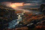 River flowing through a rocky landscape, Foggy Sunrise - AI Generated