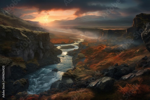 River flowing through a rocky landscape, Foggy Sunrise - AI Generated © Tiago