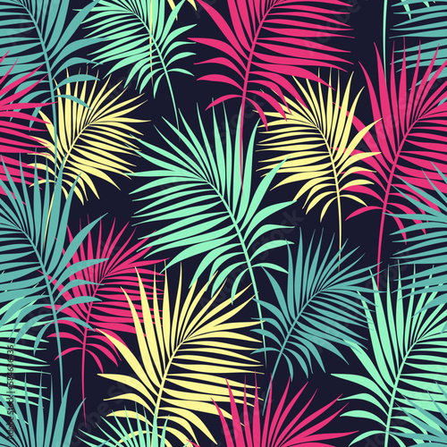 Seamless pattern with Palm Branches of different bright colors. Summer tropical vector ornament. Floral texture. Vector illustration. ornament for printing on fabric, paper or wrapping