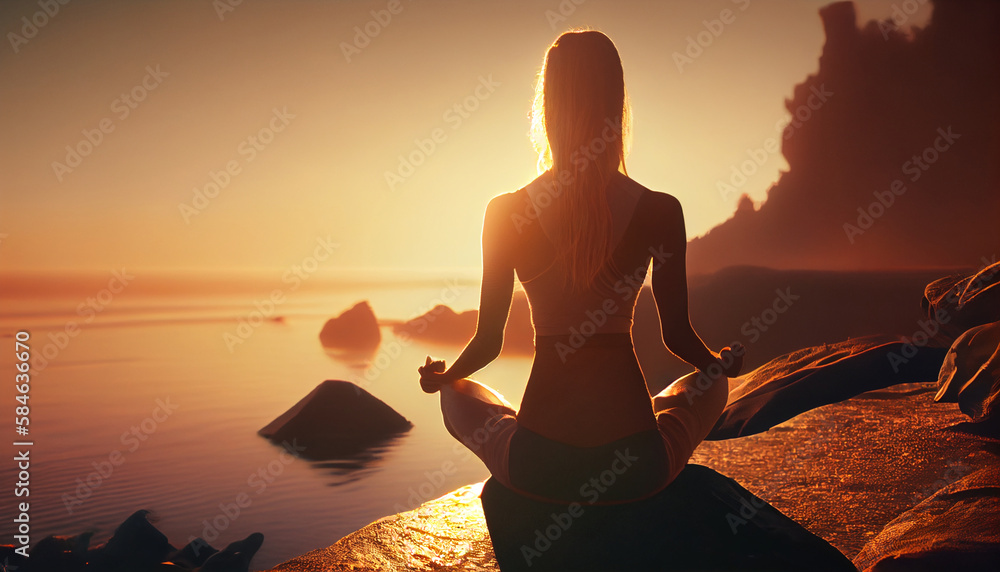 young fitness woman meditating on sunrise mountain peak, AI Generated