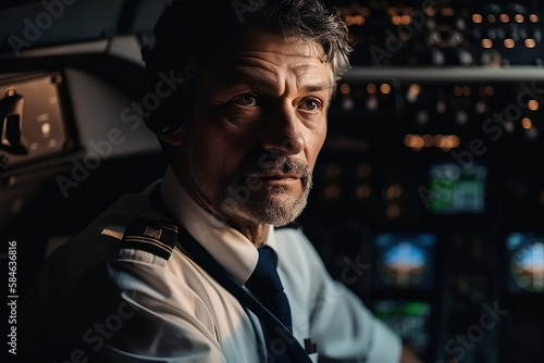 captain pilot inside cockpit of flying passenger plane. Generative AI