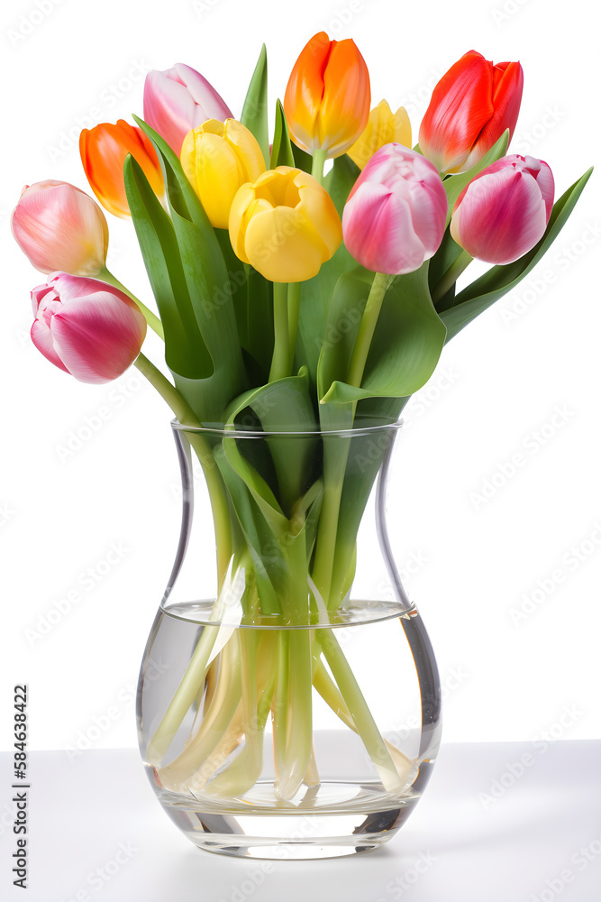 Bouquet of colorful tulips in a crystal vase, created with Generative AI Bouquet of colorful tulips in a crystal vase, created with Generative AI