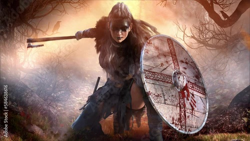 Viking woman with a bloody axe and shield in a low fighting stance is hiding in the forest in the rays of the sun, she is a demon with black eyes and mystical tattoos. approaching 2d animation art