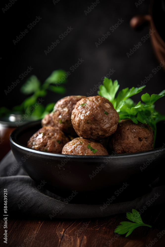 Delicious meatballs with a garnish of freshly chopped parsley. A close-up food picture for catering, recipe, and menu. Delicious meatballs with a garnish of freshly chopped parsley. A close-up food picture for catering, recipe, and menu.