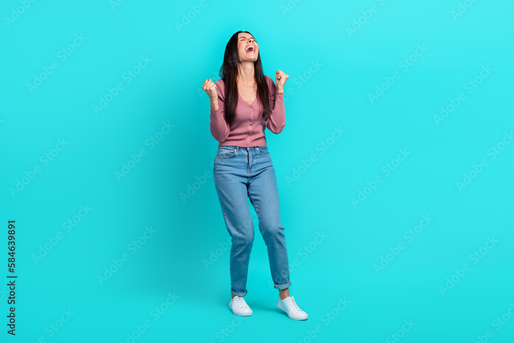Full size portrait of disappointed unsatisfied girl raise fists scream yell isolated on teal color background - obrazy, fototapety, plakaty 