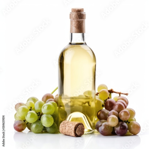 Bottle of wine and grapes on white background