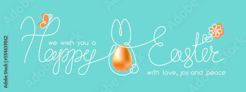 We wish you Happy Easter with love, joy, peace - greeting vector banner. Hand drawn minimal line art inscription around 3d golden egg, shaped as cute bunny, butterfly, flower in spring bright colors