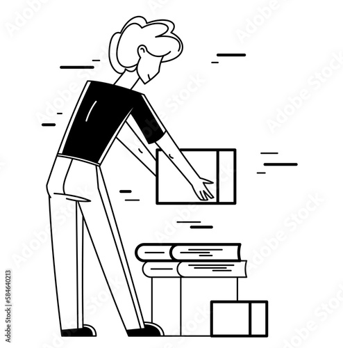Moving to new apartment or business moving to new office, person carry and unpack boxes with stuff, beginning of new life, vector outline illustration.