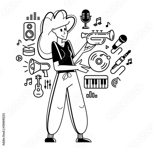 Music producer composing new track vector outline illustration, sound engineer doing his job in recording studio, composer creating audio mix.