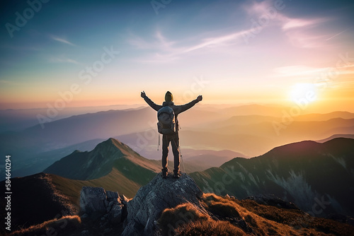 A man standing on top of a mountain hiking with backpacks in the sunset sunlight, a view of a beautiful landscape from above, a climber climbing a mountain with equipment silhouette. Generative AI.