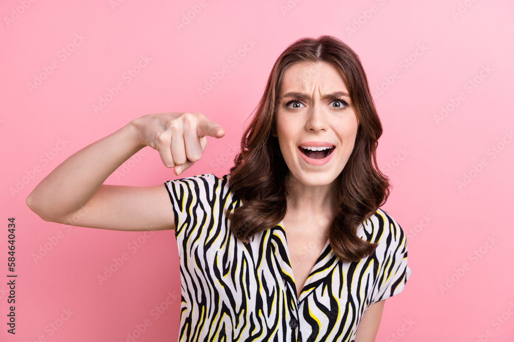 Photo of unsatisfied outraged girl speak scream point finger camera blame you isolated on pink color background - obrazy, fototapety, plakaty 