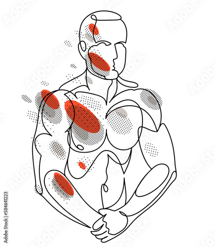 Linear drawing of a perfect body fit model man posing vector illustration isolated, muscular macho sexy guy with naked torso topless.