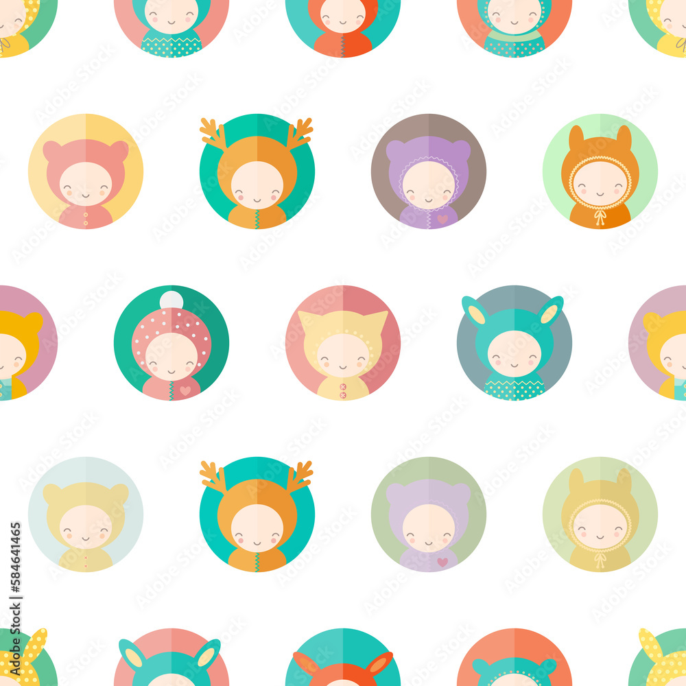 Cute seamless pattern with children dressed as animals, festive carnival theme flat style Cute seamless pattern with children dressed as animals, festive carnival theme flat style