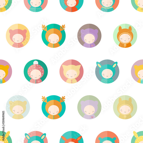 Cute seamless pattern with children dressed as animals, festive carnival theme flat style
